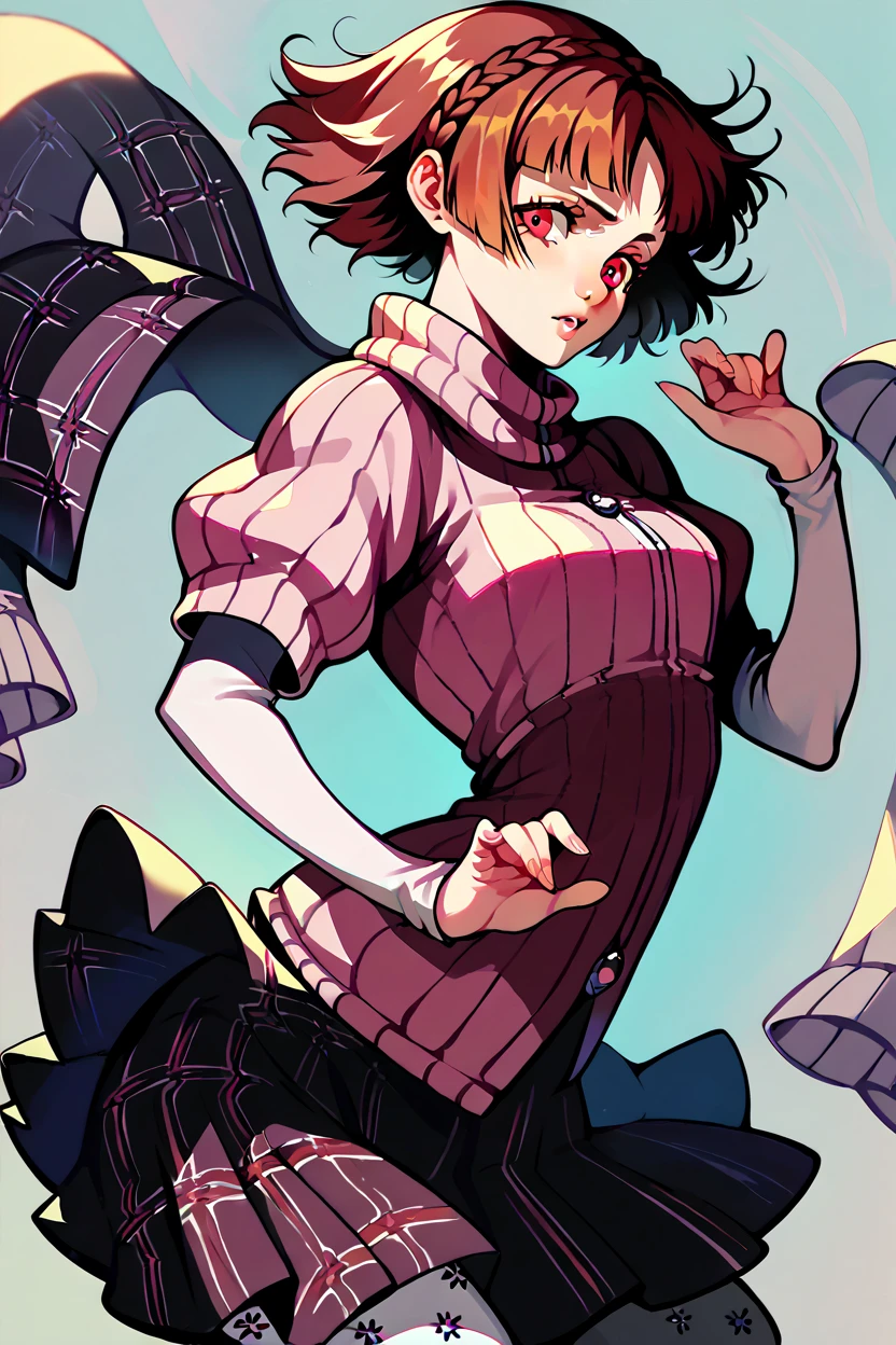 Makoto Niijima, crown braid, brown hair, red eyes, pink ribbed sweater, turtleneck sweater, short over long sleeves, plaid skirt, pleated skirt, print pantyhose, mary janes