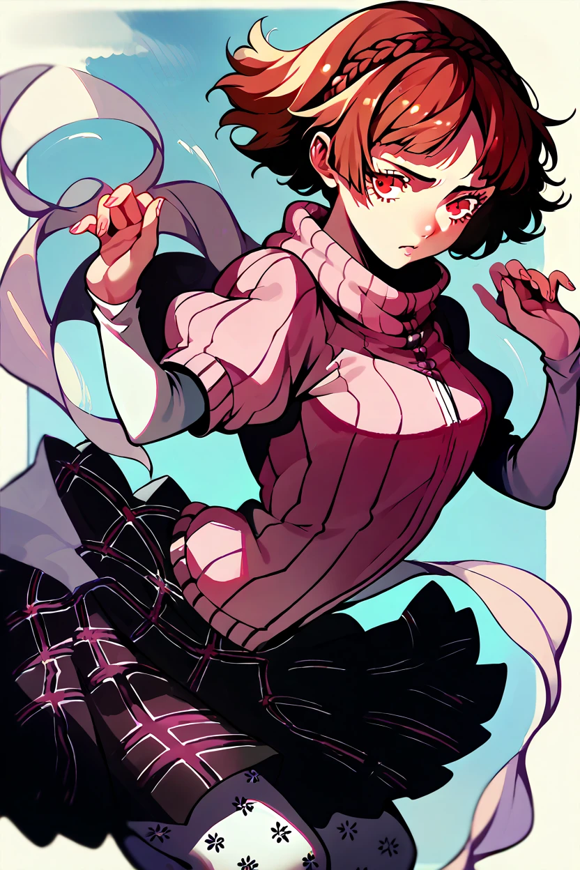 Makoto Niijima, crown braid, brown hair, red eyes, pink ribbed sweater, turtleneck sweater, short over long sleeves, plaid skirt, pleated skirt, print pantyhose, mary janes