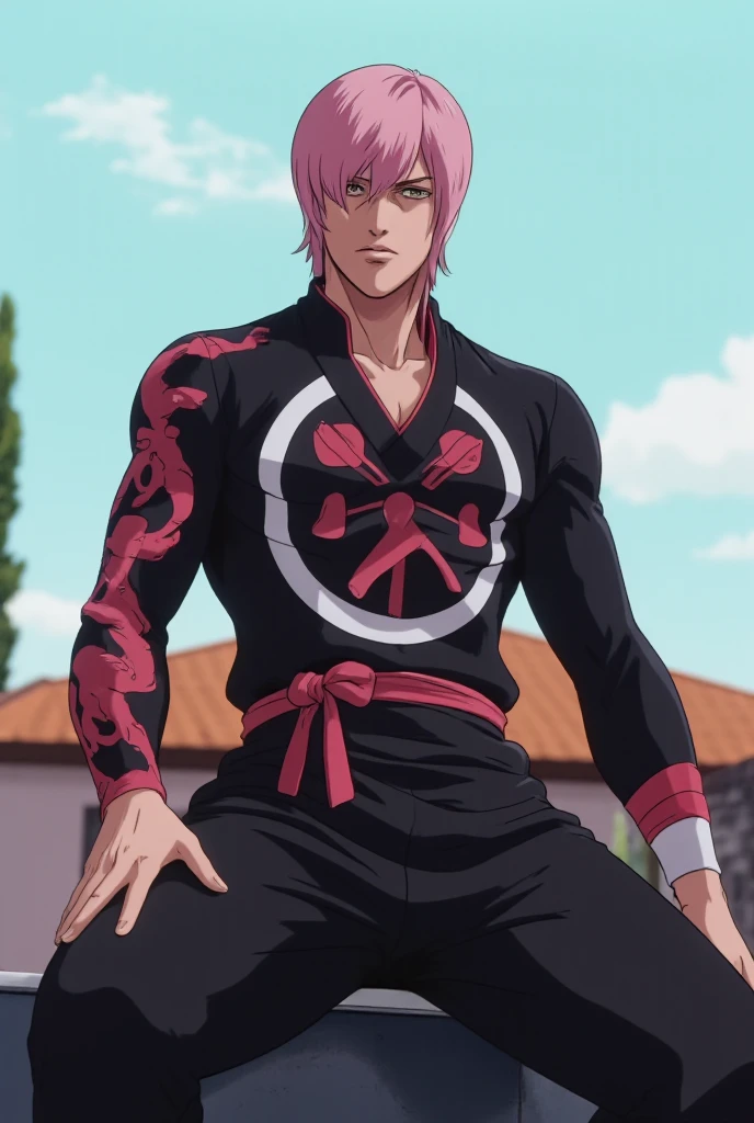 A boy sitting on the roof of a house, wearing ninja clothes with a white circle as a logo, his straight shaved colored hair pink, reaches near his shoulders but not too much, his eyes are dull green, he has a tattoo on his torso on the right side, he has another one that stands out on his entire arm of a dragon