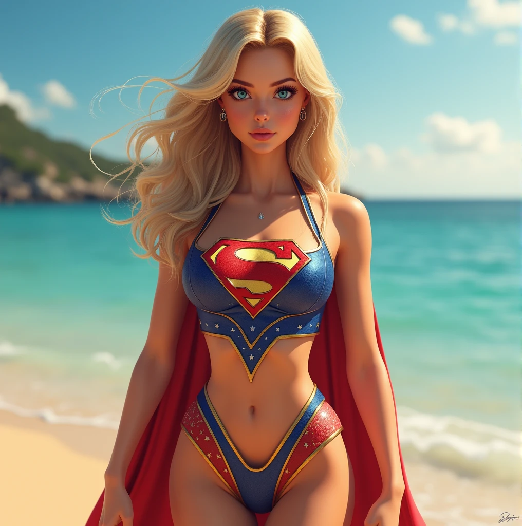 photo of a single age Supergirl in the form of large breasts medium with no bikini bottoms, bottomless with muscular arms and ripped abdominal muscles standing on the beach, long blonde hair blowing in the beach breeze, realistic skin tones, photo-realistic, cinematic, blue skies in background with waves crashing on the shore.