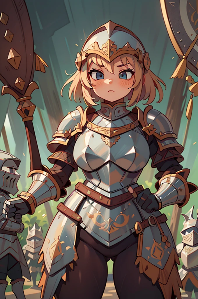 ,4k, high quality, twitter art, medieval armor, full medieval armor, thick plate armor, thick woman, wide hips, full plate armor, dynamic pose, queen knight, knight, ornate armor, greaves, cuisses, metal graves, cowboy shot, helmet, ornate helmet, covered legs, armored legs, fully armored woman, full armor