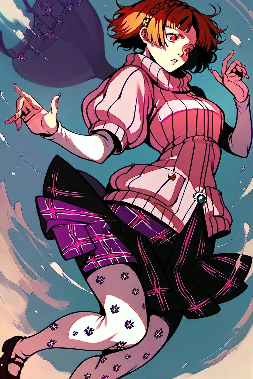 Makoto Niijima, crown braid, brown hair, red eyes, pink ribbed sweater, turtleneck sweater, short over long sleeves, plaid skirt, pleated skirt, print pantyhose, mary janes