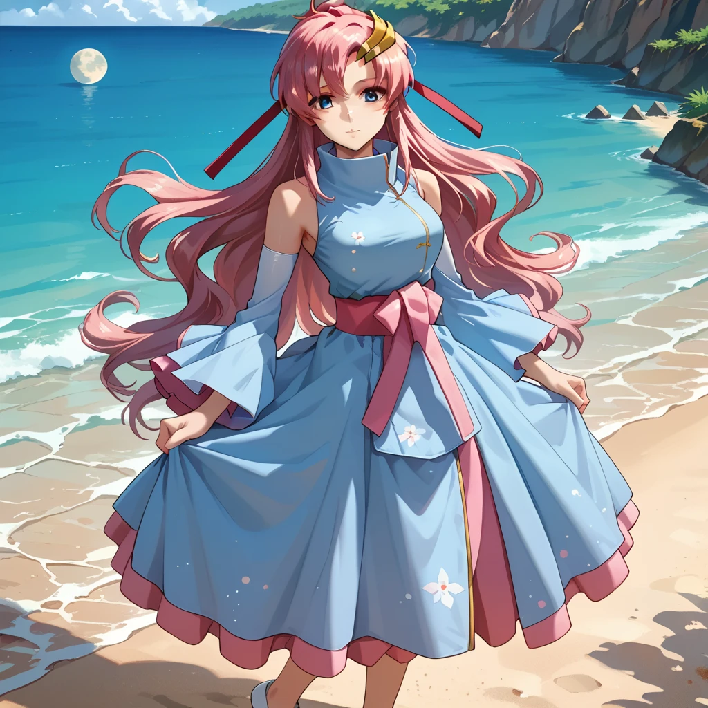 score_9,score_8_up,score_7_up,score_6_up,score_5_up,score_4_up,anime coloring,source_anime,anime,lacus,1girl,solo,blue eyes,pink hair,long hair,moon hair ornament, ((wearing a light blue dress)), looking at viewer, huge breasts, full body view, on a beach, dynamic pose,