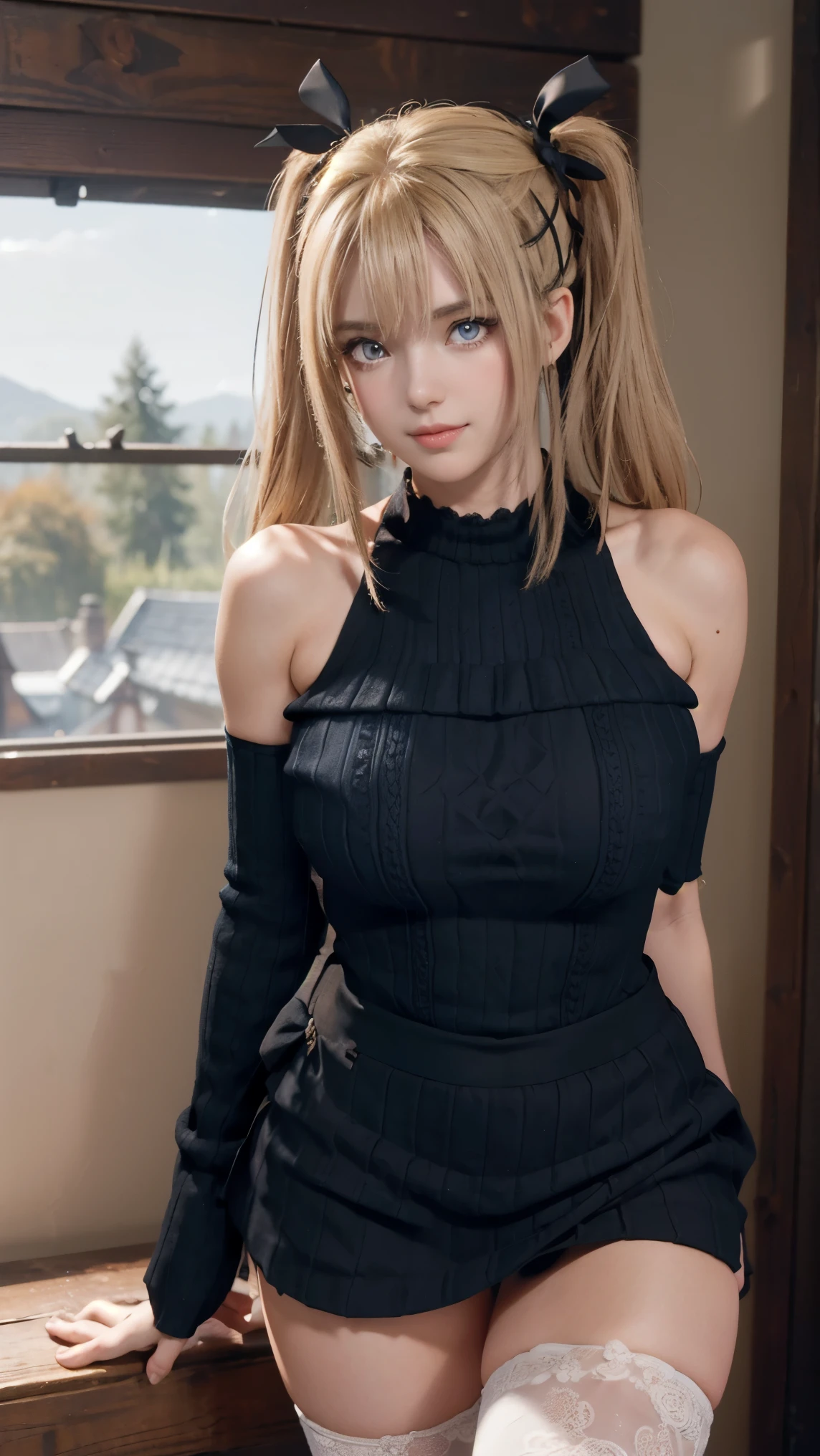 Marie rose,(best qualityer,4K,8k,high resolution,work of art:1.2)(weather: autumn), Mondstadt forest background, forest road, elbow long mittens, sleeveless winter top, pleated mini skirt, thigh high stockings, black boots, bracelets, cheek mole, twin tails hair, blonde hair, ultra detailed, realistic, portrait,beautiful detailed golden blue eyes, glowing eyes,blush,beautiful detailed lips,extremely detailed eye and face, long eyelashes,sexy,average, medium breasts,beaming smile, flirty smile, powerful girl, cute pose, stunning curves, bright coloured, dramatic lighting,