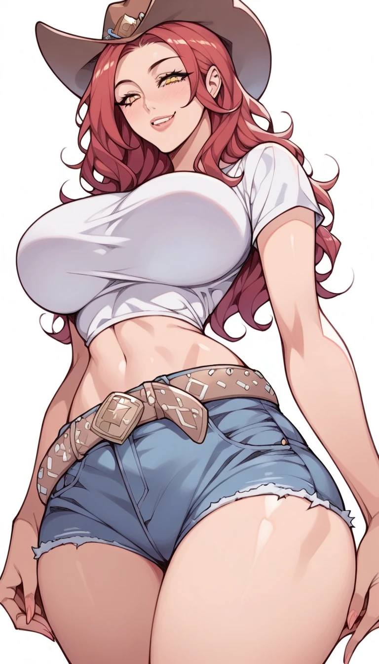 low angle,
score_9_up, score_8_up, score_7_up, MFCG PDXL, source_anime, beautiful face, beautiful eyes, detailed eyes, detailed face, masterpiece, expressive eyes, perfect face,
1woman, (solo:1.3), woman solo, hourglass shaped body, curvy figure, Rennafc, yellow eyes, red hair, long hair, lewd, slutty, (cowboy hat, glloves, crop T-shirt, belt, short jeans shorts:1.3), 
dynamic standing seductive pose, seductive pose, half body,lewd face, slutty a lot, lewd face, slutty a lot, horny eyes, smug, high waisted thongs, high waisted thongs,
huge ass, huge , (large ass),
beautiful anime face, detailed anime face,
(wide hips:1),