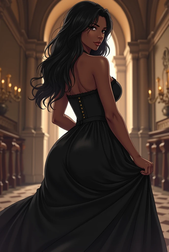 (masterpiece:1.2), (best quality:1.2), Black woman, black skin, fitted dress. Sensual figure, hourglass shape