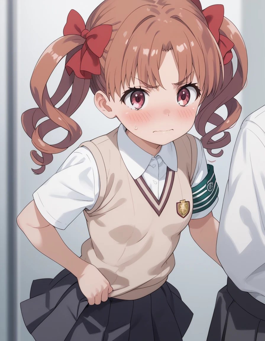 score_9, score_8_up, score_7_up, score_6_up, score_5_up, score_4_up, source_anime, masterpiece, best quality, li, petite, shiny skin, gleaming skin, small breasts, kuroko shirai, brown hair, long hair, parted bangs, brown eyes, ringlets, twintails, hair bow, bow, red bow, armband, black skirt, collared shirt, dress shirt, pleated skirt, safety pin, school uniform, shirt, short sleeves, skirt, summer uniform, sweater vest, tokiwadai school uniform, twintails, white shirt, brown sweater vest, underbust, embarrassed, skirt lift, panties,