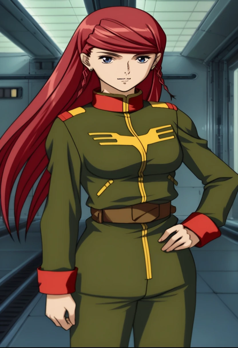 score_9, score_8_ up, score_7_ up, score_6_ up, score_5_ up, score_4_ up,  source_Anime,  twin blade , Red Hair,  long hair, Shirley Ramsay, Red military uniform