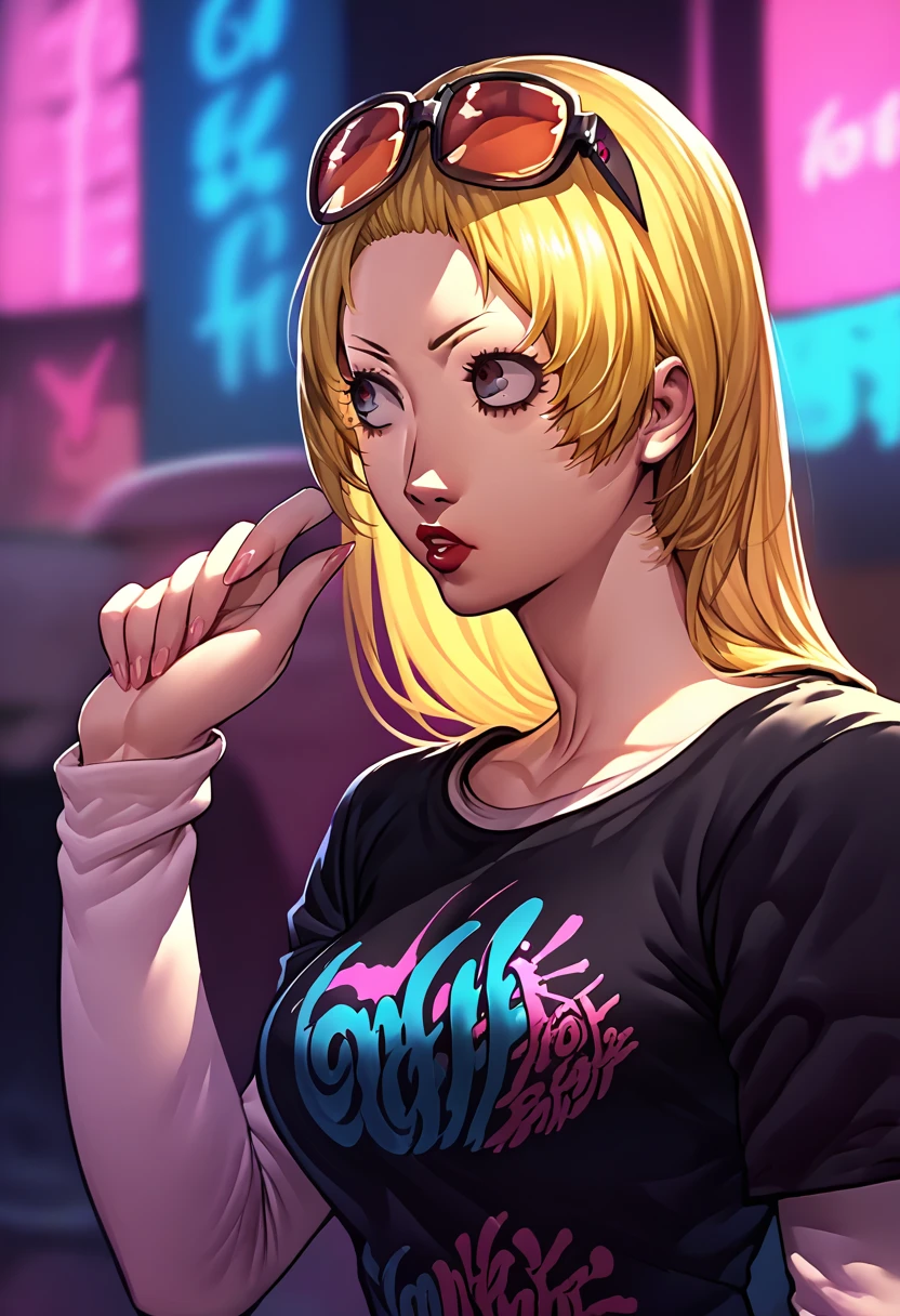 1 girl, sunglasses on head, lipstick, black t-shirt, clothes writing, layered sleeves, large breasts, jeans, Chihaya Mifune, blonde hair