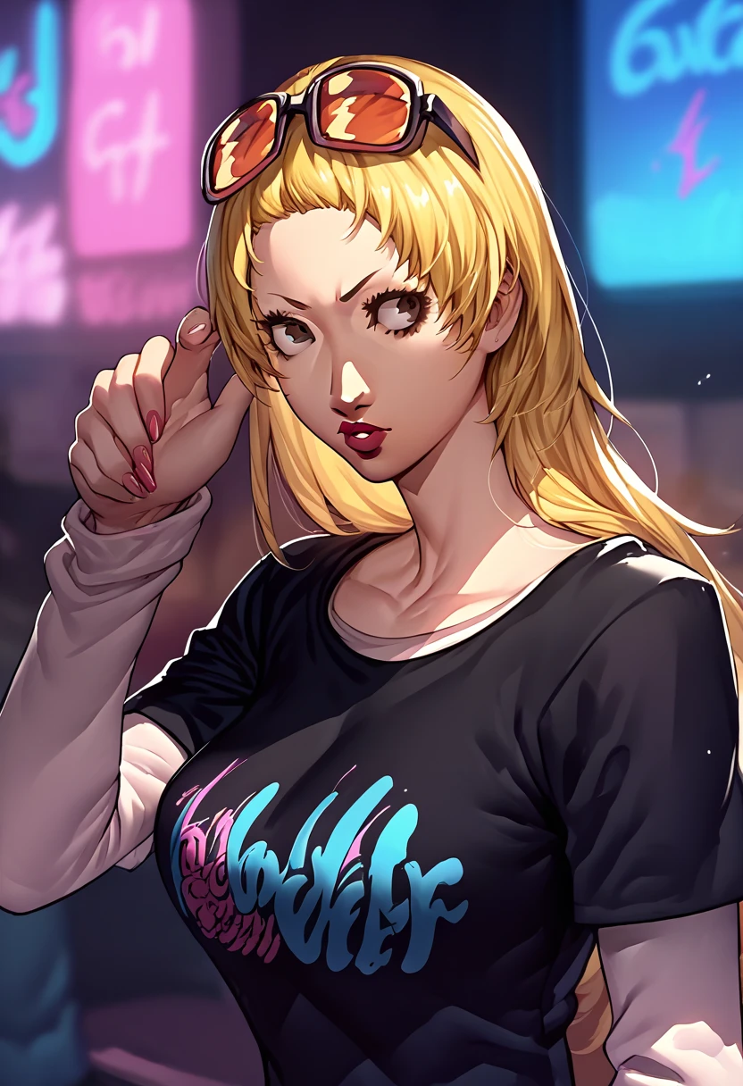 1 girl, sunglasses on head, lipstick, black t-shirt, clothes writing, layered sleeves, large breasts, jeans, Chihaya Mifune, blonde hair