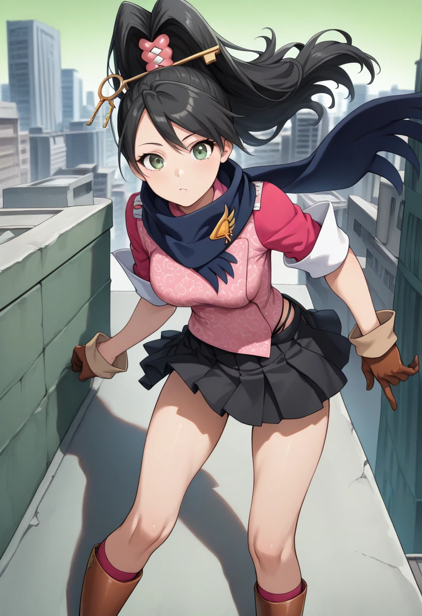 ( Masterpiece 、 top quality 、score_9、score_8_ up、score_7_ up)、break (Alone,  One girl ,  Kay Faraday, Green,  long hair,  black hair,  high ponytail,  hair accessories, key,  green eyes,  pink shirt, medium breasts:1.2,  rolled up my sleeves,  brown gloves, black skirt,  pleated skirt,  miniskirt,  knee-high,  blue scarf), break アウトドア, rooftop, city, street,throw, break (from front, looking at viewer, breasts-focus), break (standing, tilt one's head), (black thong),break ((Model Pose with Eyes Up, put one's finger on a scarf))