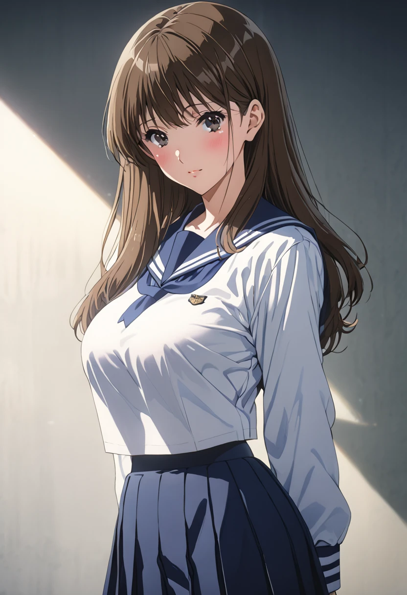 masterpiece, BestQuality, High resolution,16k,official art,super detailed skin,detailed,animated painting,(kuroe mayu:1.3),1990s \(style\),(F-cup beautiful breasts:1.3), (tall:1.2),height: 170cm,Fashion model body type,pointed eyes,black eyes,brown hair,long hair,(highschool uniform,navy sailor uniform,navy mini skirt:1.3)、1girl,solo,nsfw,sexy,cool face,light smile,shy,blush,Anime-style painting style,Close up on full body,Cinematic lighting,Superfine,in the city