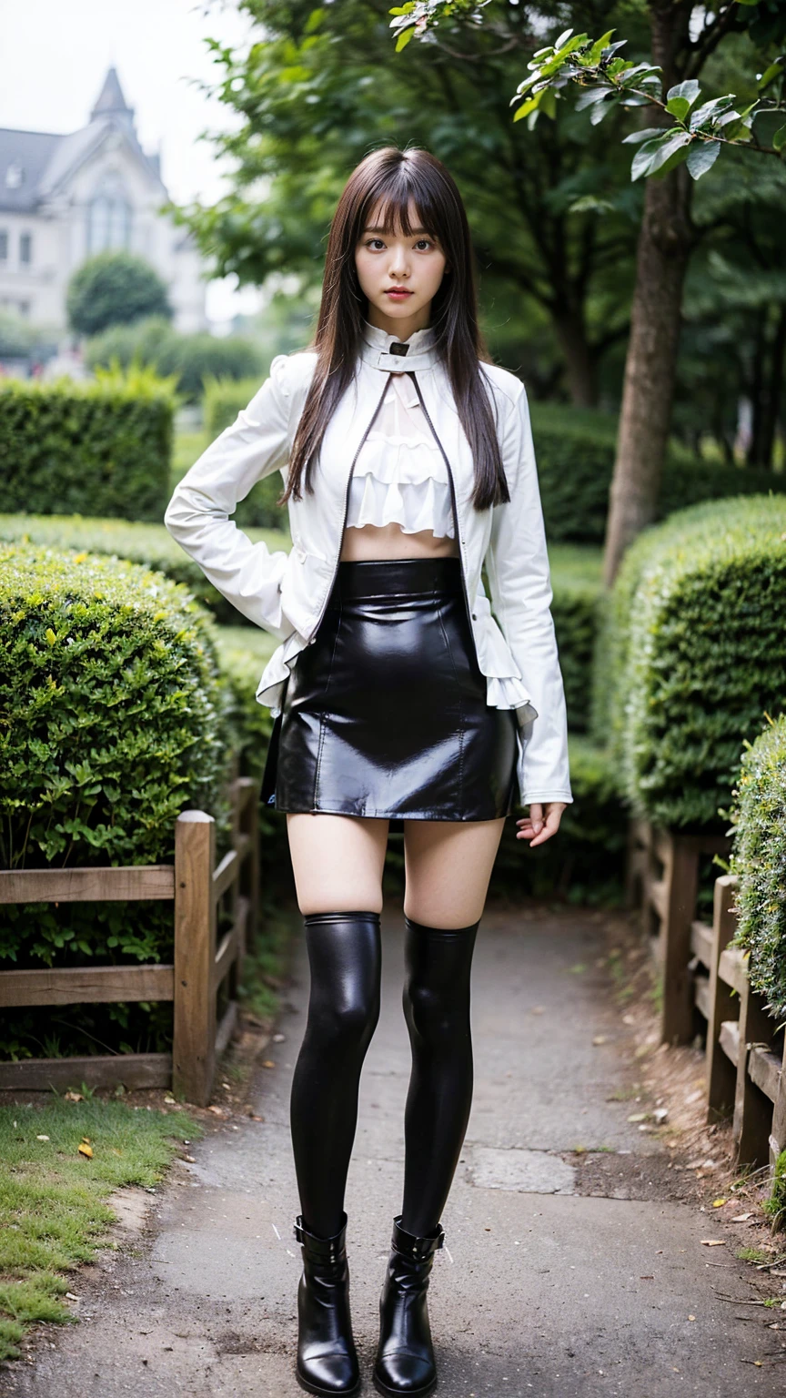 (8k、     RAW photos   、   top quality、masterpiece   :1.2)、(   realistic   、   realistic   )、1 person、((Black and White、leather、bangs、tights、heroine costume、 jacket、 see-through、 One Piece、 miniskirt、 Frills、garden、 boots、Thin legs、whole body、 Hands on her hips 、  standing facing you   )、cute