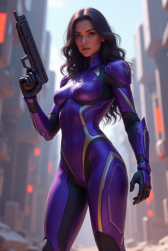 Beautiful woman, antihero in black and purple uniform, Katana laser sword in hand, White skin, long black hair, portrait, Jeff Bridges, ((cartoon style)), The style of the Marvel Cinematic Universe, (((Cyberpunk city in the background))), Soft bokeh of a futuristic city, Atey Gaylan, Jeremy Mann, Greg Munchess, Antonio Moro, trending on Artstation, trend at CGSociety, difficult, High detail, sharp focus, dramatic and photorealistic painting by Midjorney and Greg Rutkowski., bokeh in the background