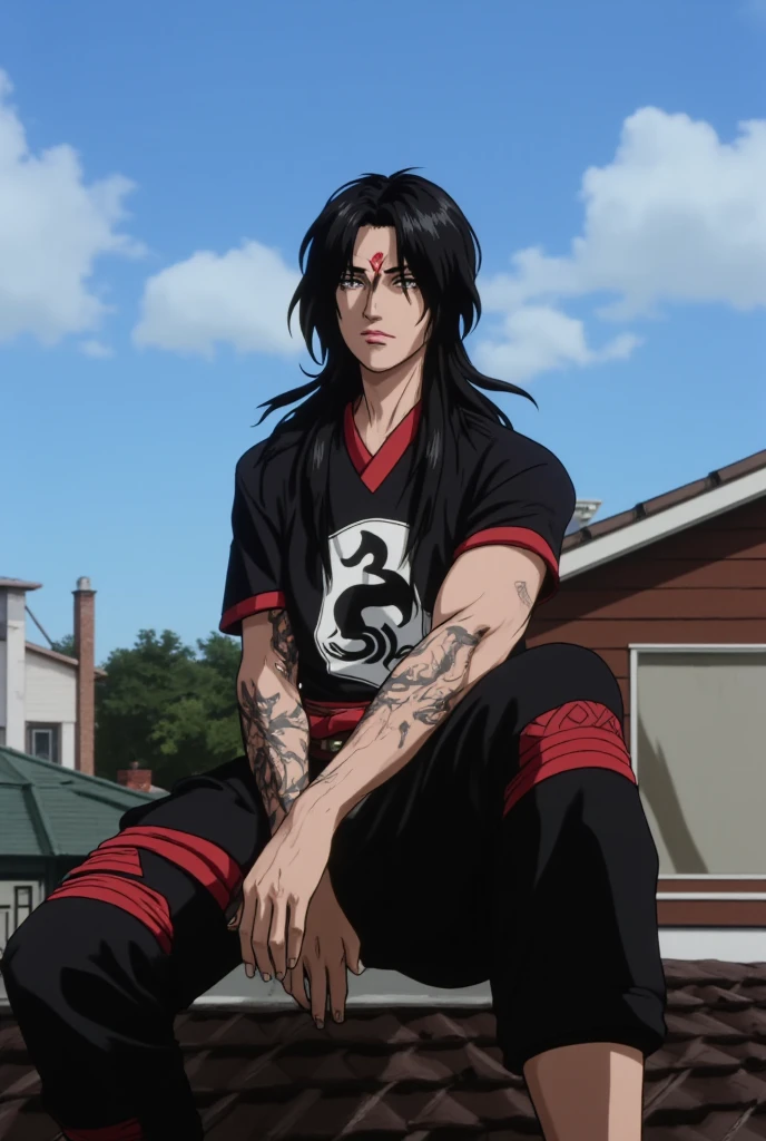 A boy sitting on the roof of a house, wearing ninja/shinobi clothes with a clan symbol as a logo, with very long black hair, reaches near his shoulders but not too much, his eyes are full white, he has a yakuza tattoo on his torso on the right side, he has another one that stands out on his entire arm of a dragon