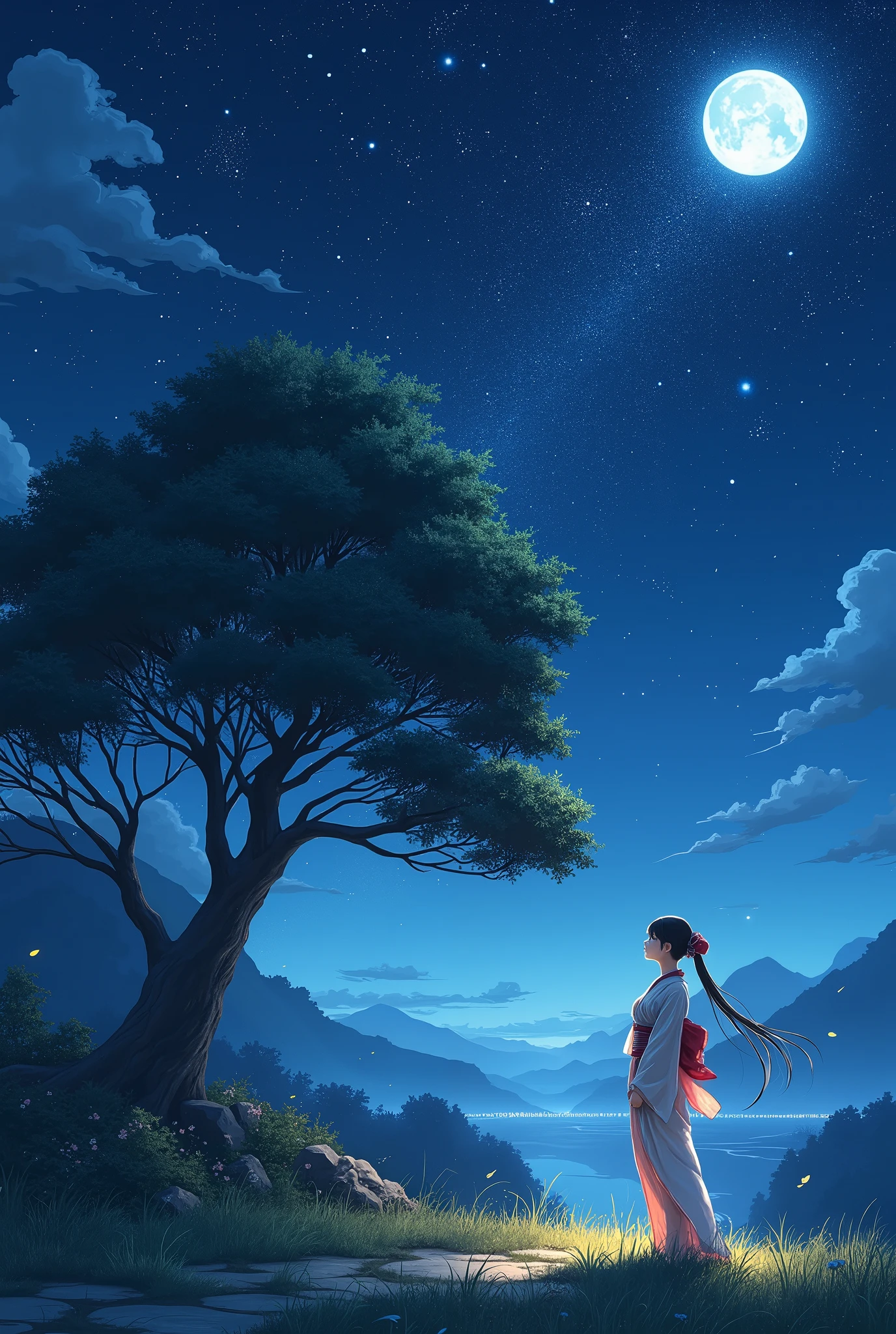 anime,  manga ,  Japanese woman, beautiful, cute,  beauty,  Outstanding style, night,  starry sky , 星が瞬くnight, Moonlight, Large tree, Grass Square, 