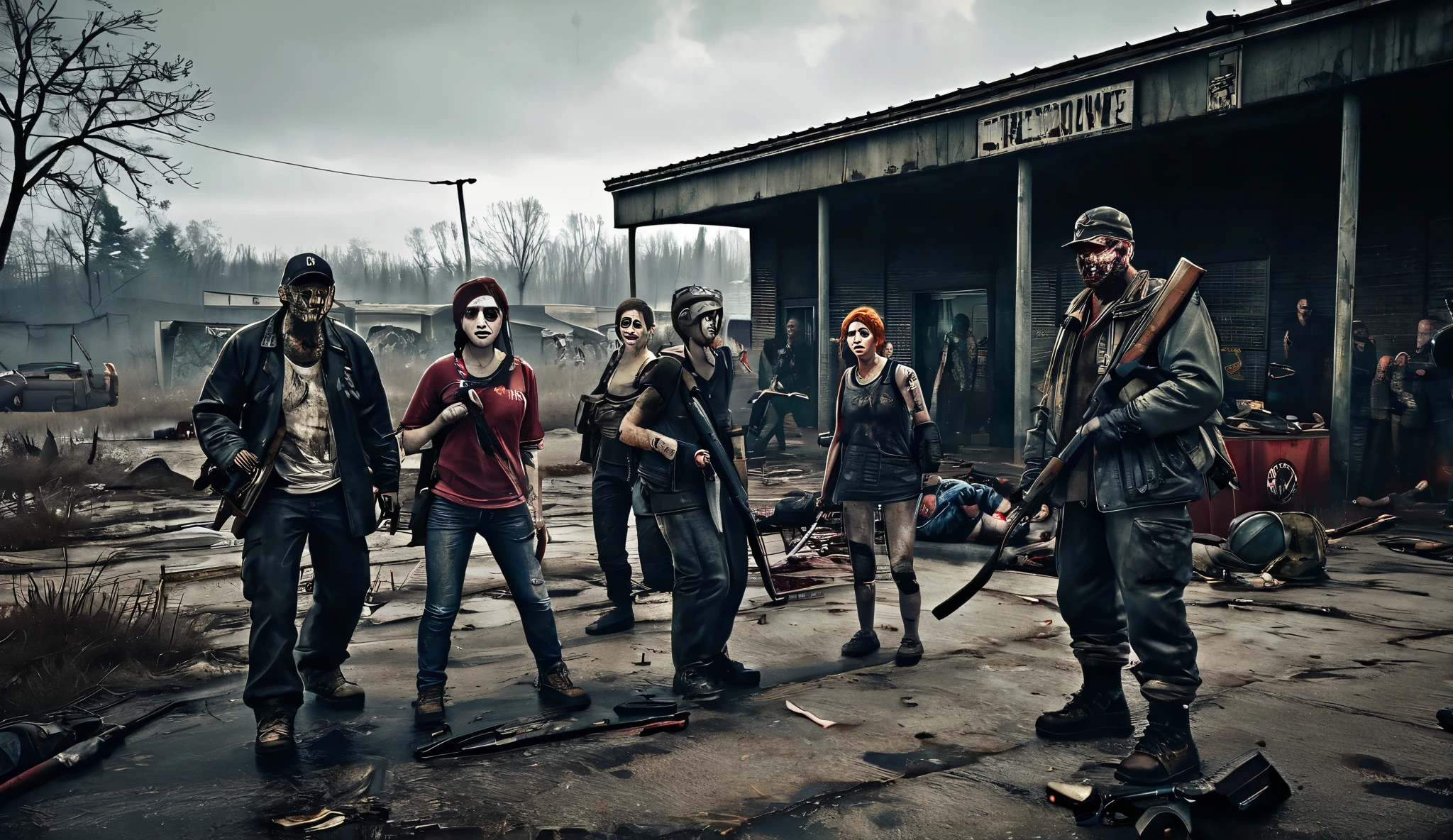 Survivors in a post-apocalyptic setting that takes place in the Zombie Game , Type O DayZ.  these survivors have rifles and baseball bats and are left with scraps in wounds and face fear and challenges between life and death, When someone kills someone you can take all the resources .  Something that conveys the fear of dying the longer you are alive in the game .