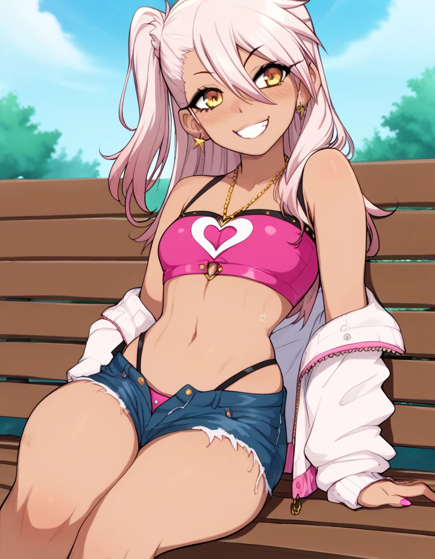 score_9, score_8_up, score_7_up, score_6_up, source_anime, rating_explicit, BREAK, 1girl,solo,smile,outdoor,midriff, pink tube top, denim hotpants, open fly, beld, gyaru clothes, thighighs,sitting,bench, chloe,dark_skinned_female,dark_skin,long_hair,pink_hair,yellow_eyes,hair_between_eyes,white_hair,bangs,small_breasts,,half_updo,one_side_up, young girl, loli:1.3, (afrobull), slender waist, nice hips, slut