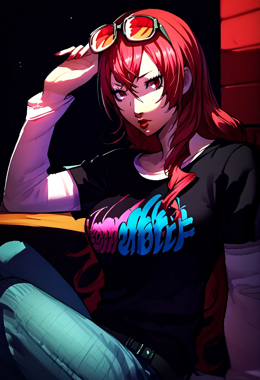 1 girl, sunglasses on head, lipstick, black t-shirt, clothes writing, layered sleeves, large breasts, jeans, Mitsuru Kirijo, red hair, red eyes, hair over one