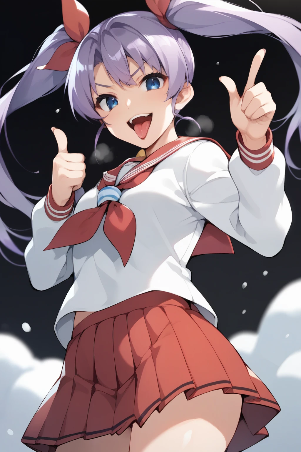 score_9, score_8_ up, score_7_ up,  source_Anime,  Kagami Hiiragi ,  long hair,  blue eyes, ribbon,  twin tails, hair ribbon, Purple Hair,,  skirt,  Long Sleeve ,  school uniform, pleated  skirt, Sera Clothing,  sailor color ,  neckerchief , red  skirt, ryouou  school uniform,, Snow Day, Winter clothes, snowball fight, Laughter, Cold breath, white landscape , , Thumbs down, , from below,  conceited , tongue, tongue out,   open mouth,  black background,  viewers, Alone,,  Dutch Angle,  cowboy shot 