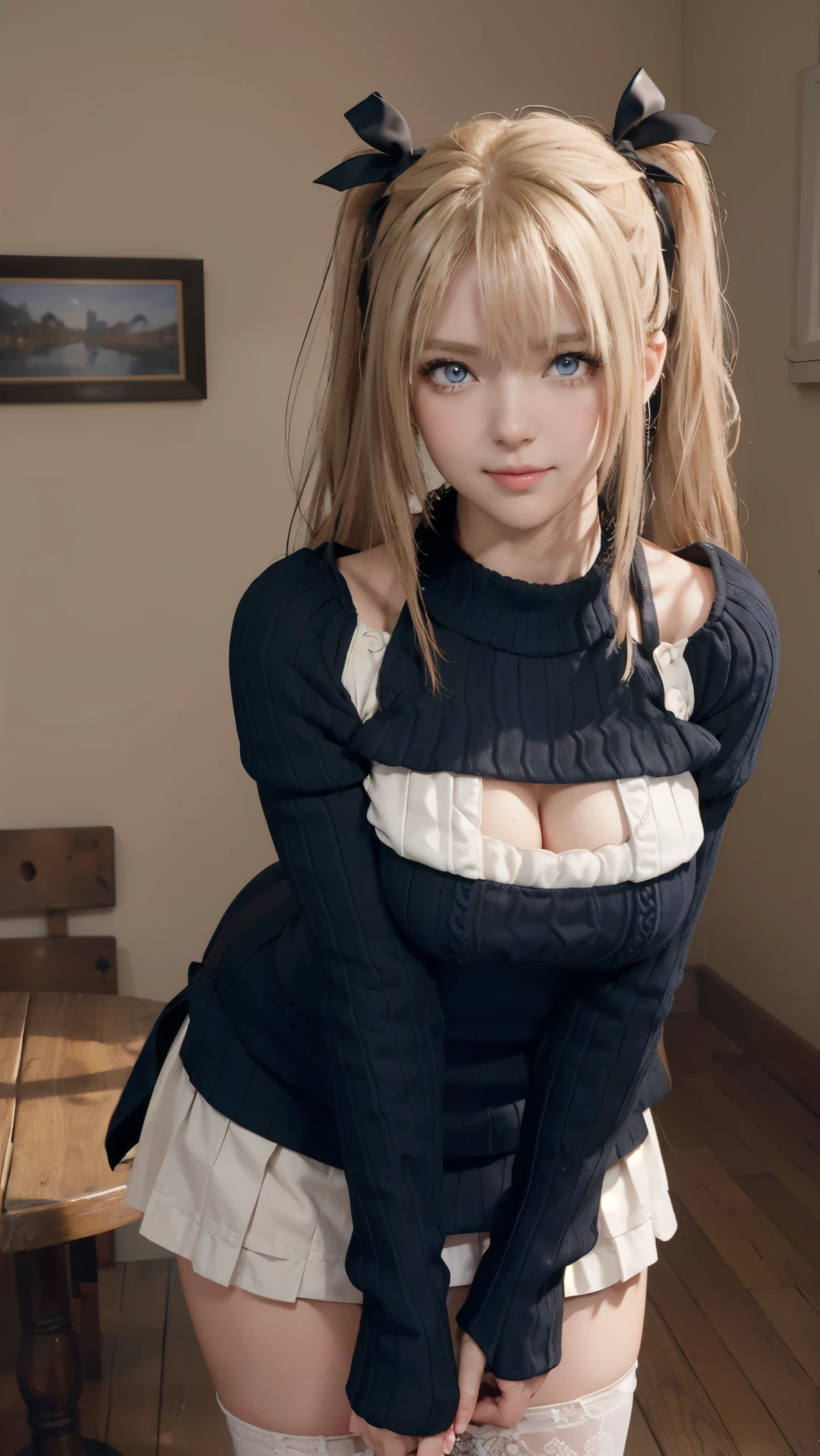 Marie rose,(best qualityer,4K,8k,high resolution,work of art:1.2)(weather: autumn), Mondstadt city background, coffee shop, mittens, cropped winter jacket, white blouse, pleated mini skirt, thigh high stockings, black boots, cheek mole, twin tails hair, blonde hair, ultra detailed, realistic, portrait,beautiful detailed golden blue eyes, glowing eyes,blush,beautiful detailed lips,extremely detailed eye and face, long eyelashes,sexy,average, medium breasts,beaming smile, flirty smile, powerful girl, sexy pose, stunning curves, bright coloured, dramatic lighting,