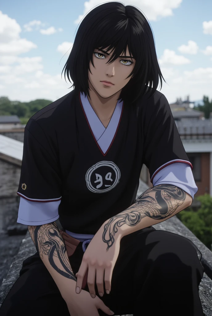 A boy sitting on the roof of a house, wearing ninja/shinobi clothes with a clan symbol as a logo, with very long black hair, reaches near his shoulders but not too much, his eyes are full white, he has a yakuza tattoo on his torso on the right side, he has another one that stands out on his entire arm of a dragon