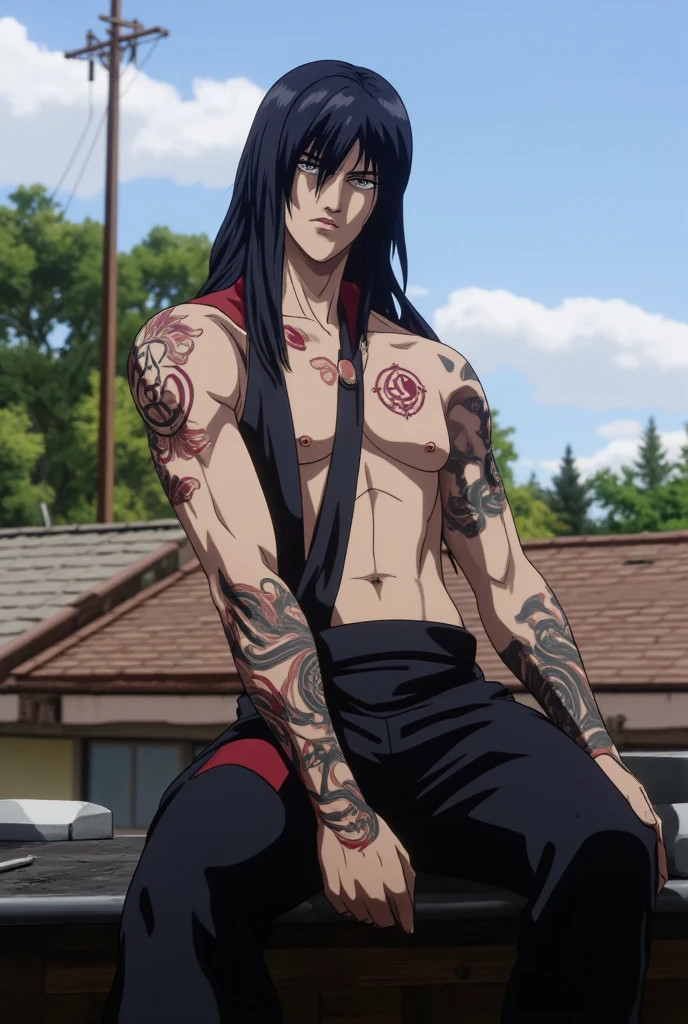 A boy sitting on the roof of a house, wearing ninja/shinobi clothes with a clan symbol as a logo, with very long black hair, reaches near his shoulders but not too much, his eyes are full white, he has a yakuza tattoo on his torso on the right side, he has another one that stands out on his entire arm of a dragon