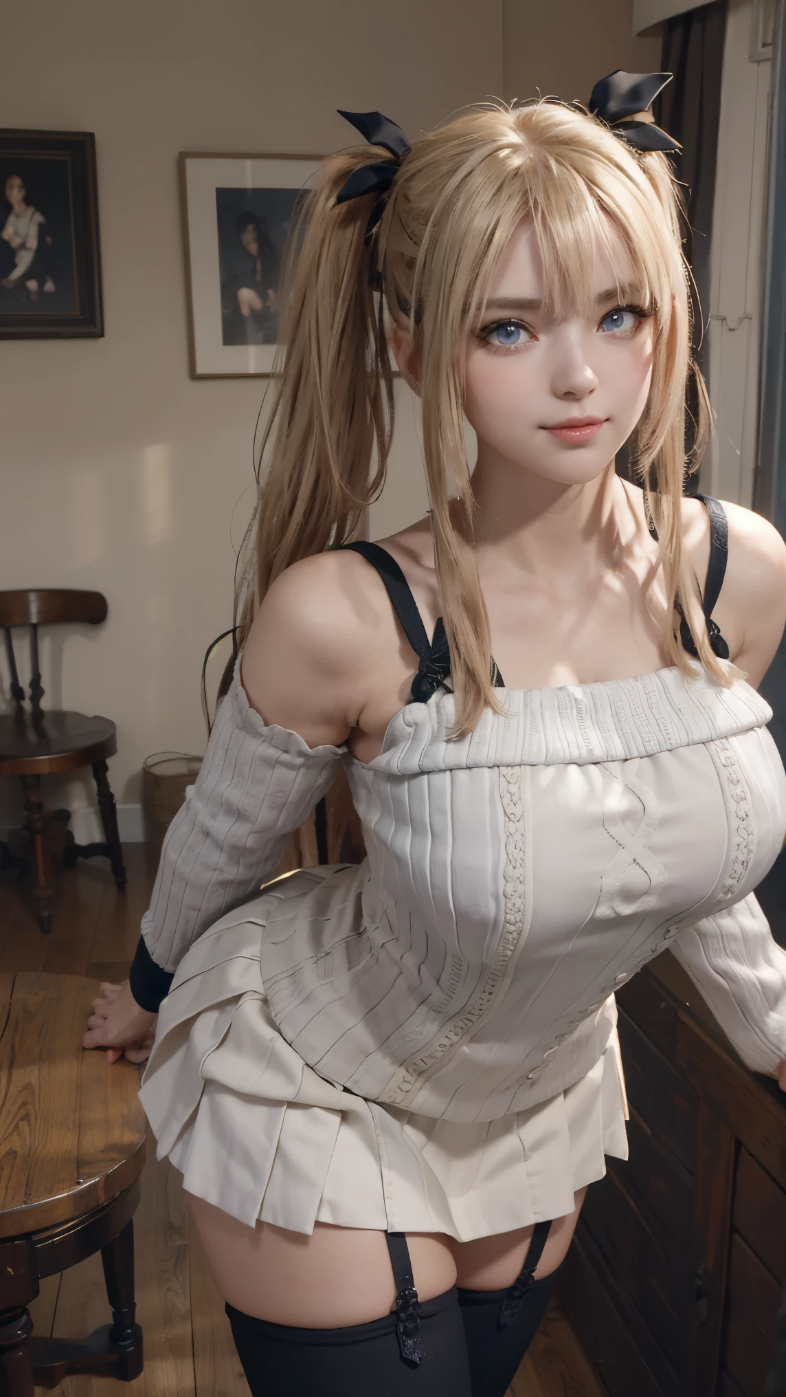 Marie rose,(best qualityer,4K,8k,high resolution,work of art:1.2)(weather: autumn), Mondstadt city background, coffee shop, mittens, cropped winter jacket, white blouse, pleated mini skirt, thigh high stockings, black boots, cheek mole, twin tails hair, blonde hair, ultra detailed, realistic, portrait,beautiful detailed golden blue eyes, glowing eyes,blush,beautiful detailed lips,extremely detailed eye and face, long eyelashes,sexy,average, medium breasts,beaming smile, flirty smile, powerful girl, sexy pose, stunning curves, bright coloured, dramatic lighting,