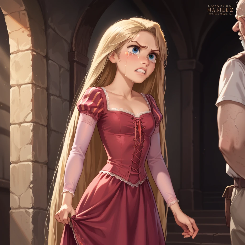 1girl, rapunzel, skinny, beautiful, blue eyes, ((red dress)), angry, crying, old man grabs her ass under the skirt, grabbing girl´s panties, masterpiece, hyper detailed, photorealistic, dramatic lighting, cinematic, highly saturated colors, moody, dark fantasy, concept art