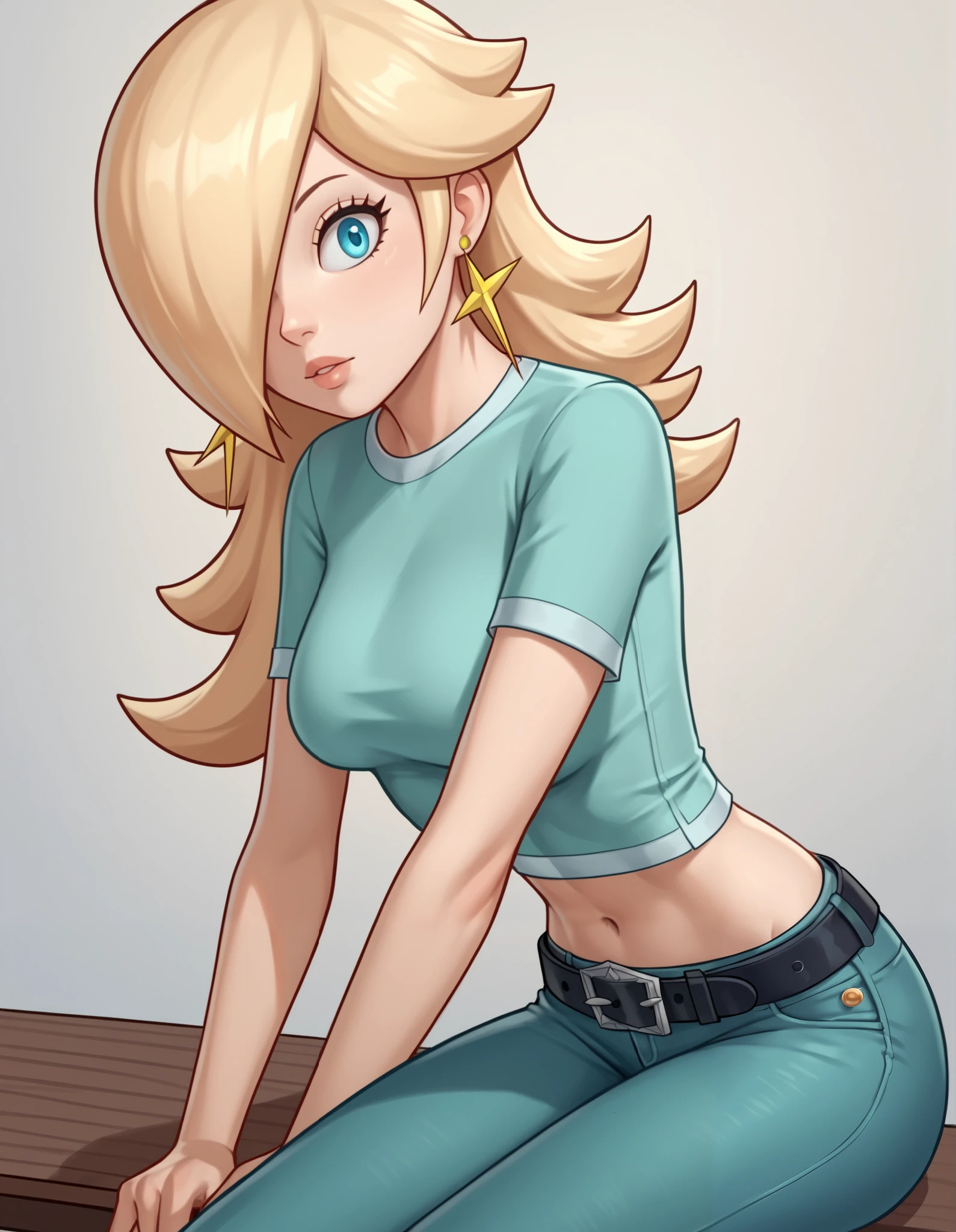 score_9, score_8_up, score_7_up, source_anime, rosalina, blonde hair, blue eyes, hair over one eye, long hair, star earrings, solo, cowboy shot, black t-shirt, taut clothes, tight shirt, midriff, navel, jeans, black belt, sitting, leaning forward, back view