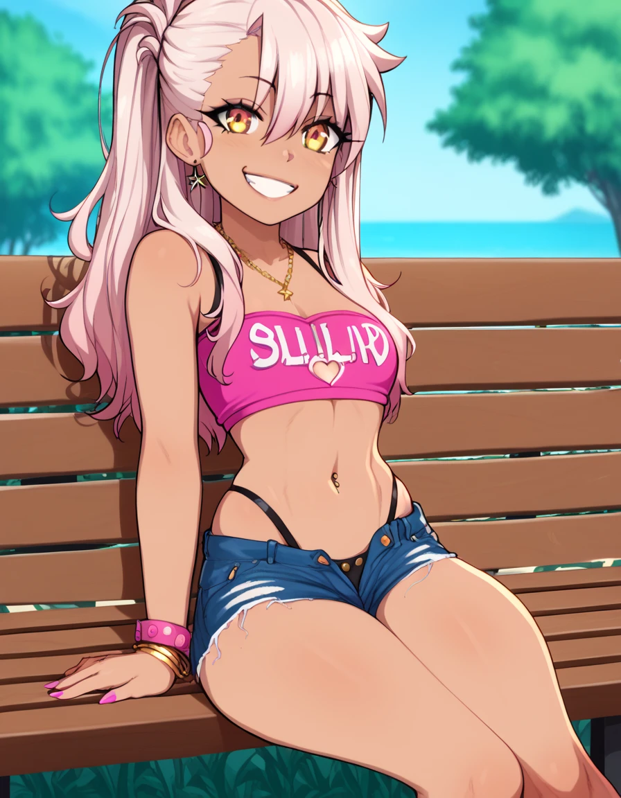 1girl,solo,smile,outdoor,midriff, pink tube top, denim hotpants, open fly, beld, gyaru clothes, thighighs,sitting,bench, chloe,dark_skinned_female,dark_skin,long_hair,pink_hair,yellow_eyes,hair_between_eyes,white_hair,bangs,small_breasts,,half_updo,one_side_up, young girl, loli:1.3, (afrobull), slender waist, nice hips, slut