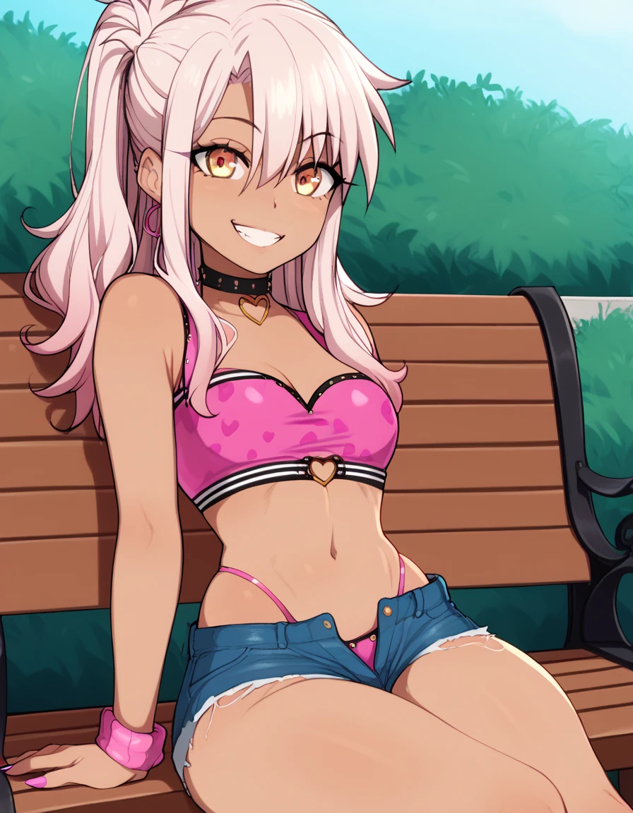 1girl,solo,smile,outdoor,midriff, pink tube top, denim hotpants, open fly, beld, gyaru clothes, thighighs,sitting,bench, chloe,dark_skinned_female,dark_skin,long_hair,pink_hair,yellow_eyes,hair_between_eyes,white_hair,bangs,small_breasts,,half_updo,one_side_up, young girl, **li:1.3, (afrobull), slender waist, nice hips, slut