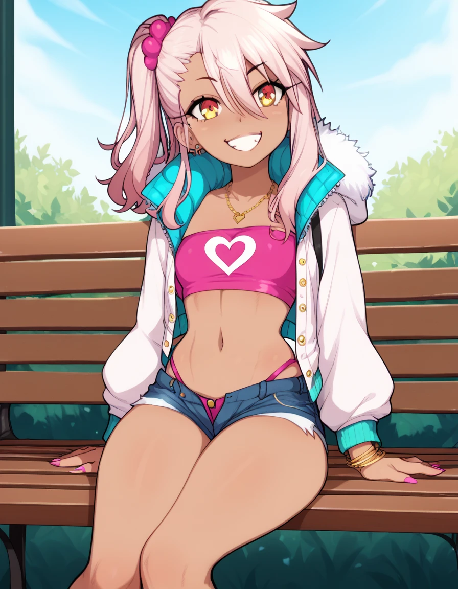 1girl,solo,smile,outdoor,midriff, pink tube top, denim hotpants, open fly, beld, gyaru clothes, thighighs,sitting,bench, chloe,dark_skinned_female,dark_skin,long_hair,pink_hair,yellow_eyes,hair_between_eyes,white_hair,bangs,small_breasts,,half_updo,one_side_up, young girl, loli:1.3, (afrobull), slender waist, nice hips, slut