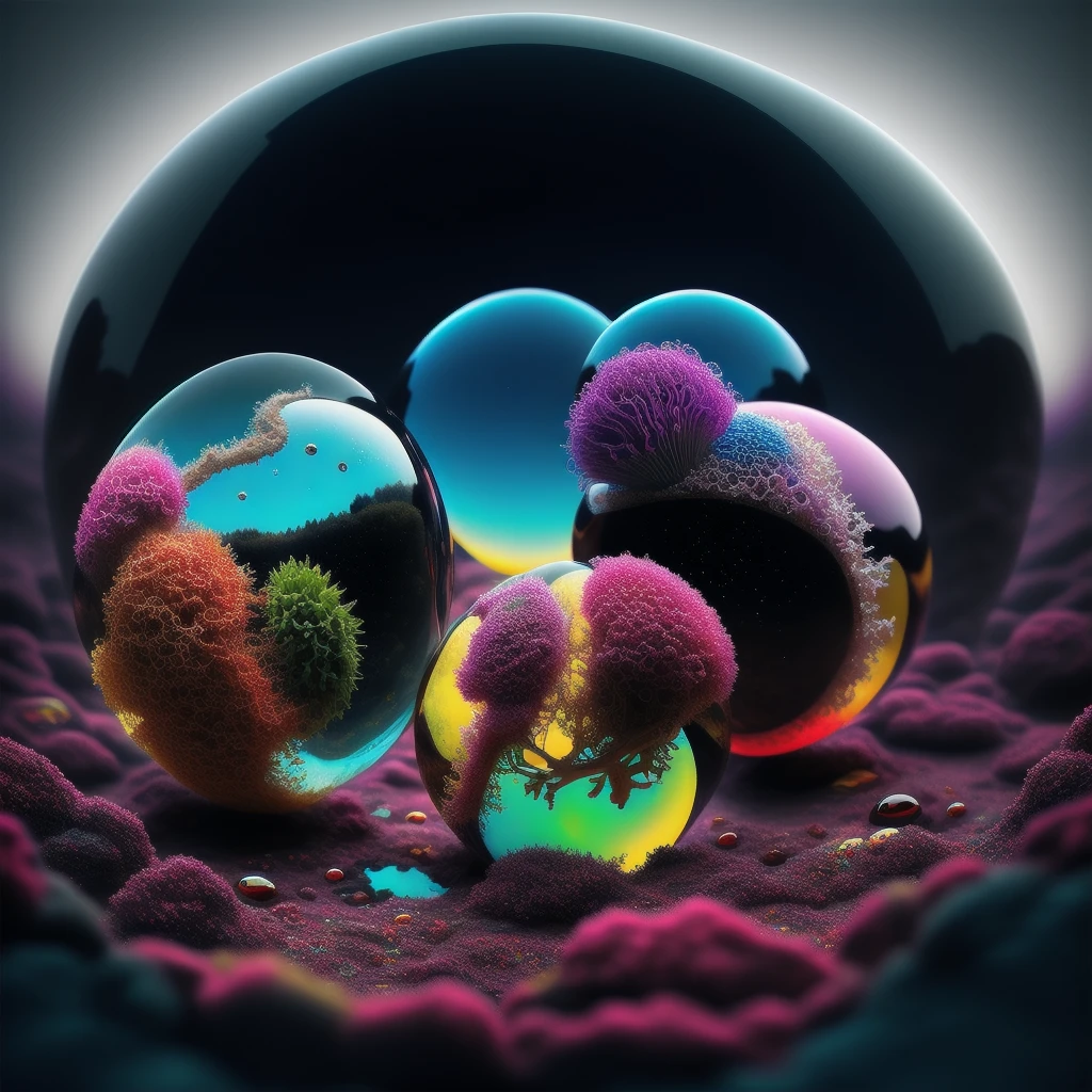 dreamlikeart, within the black of the abyss, intense bright, colorful, perfectly symmetrical glass spheres containing the glowing light of colorful fumes within the glass. Smaller glass orbs beneath that melt and drip vibrant colorful bubbles and symetrical patterns that cover the ground and merge together in a quilt of intricate and complex designs. High fantasy, magical effects, hypperrealistic, hyper detailed, very aesthetic, toxic waste glows, acidzlime, acid aura, AcidMagic, and out of the complex designs come tiny evil looking humanoid creatures. Extreme detail on the facial features. Portrait photography, cinematic photography, photorealistic UHD, intricate, complex, attention to detail, optical illusions, unique patterns and designs, avant garde, masterpiece.