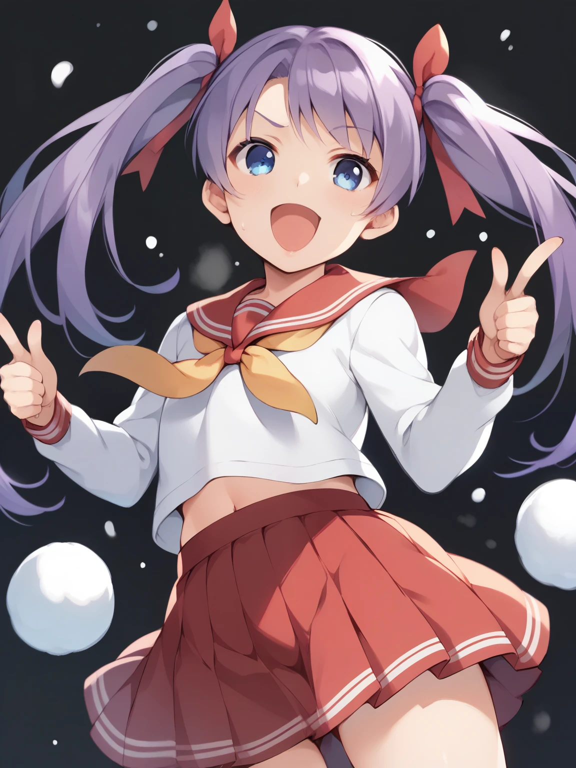 score_9, score_8_ up, score_7_ up, score_6_ up, score_5_ up, score_4_ up, tag1,  tag2, quality_masterpiece,  Kagami Hiiragi ,  young girl， short， toddler figure ， long hair,  blue eyes, ribbon,  twin tails, hair ribbon, Purple Hair,,  skirt,  Long Sleeve ,  school uniform, pleated  skirt, Sera Clothing,  sailor color ,  neckerchief , red  skirt, ryouou  school uniform,, Snow Day, Winter clothes, snowball fight, Laughter, Cold breath, white landscape , , Thumbs down, , from below,  conceited ,  open mouth,  black background,  viewers, Alone,,  Dutch Angle,  cowboy shot ，