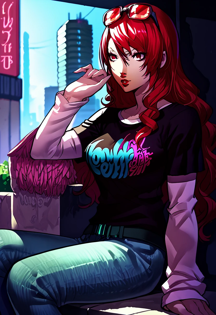 1 girl, sunglasses on head, lipstick, black t-shirt, clothes writing, layered sleeves, large breasts, jeans, Mitsuru Kirijo, red hair, red eyes, hair over one, outside, city background