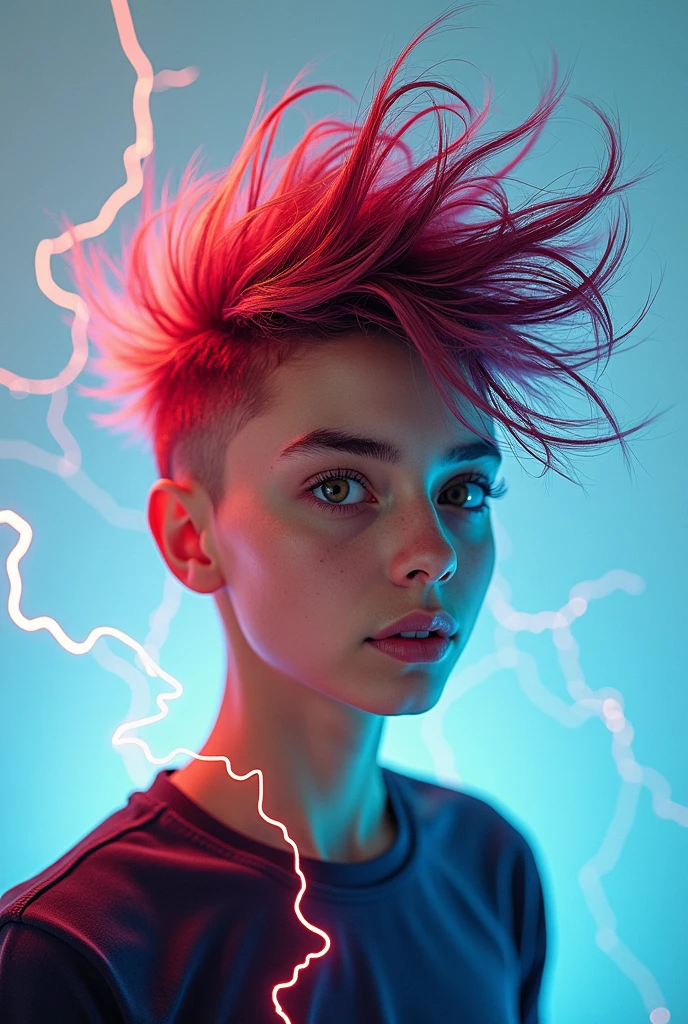 Child with a hairstyle and a ray in his hair, cabelos eletrificados, electric hair, little girl with magical powers, cinematic lightning and colors, fiber optic hair, splashes of lightning behind her, cabelo louco, amazing lightning art, pelos de plasma coloridos, arco cerebral, fiber optic hair, colorful magical effects, cinematic colorful lightning, photo manipulation