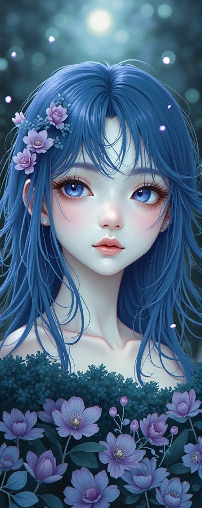 (masterpiece:1.2, Highest quality), (Realistic, photoRealistic:1.4), Ultimate beauty、mature, (Intricate details), unity 8k wallpaper, Super detailed, beautifully、aesthetic, Perfect lighting, (One girl), (Blue Hair, blue eye, Medium chest),, Dynamic pose, Dynamic Angle,  lipstick, slim, slim body, Medium chest, , Detailed Background, Realistic, alone, Face in perfect detail, detailed eye, Very detailed, blush, hair ornaments, rolling_eye, squint,