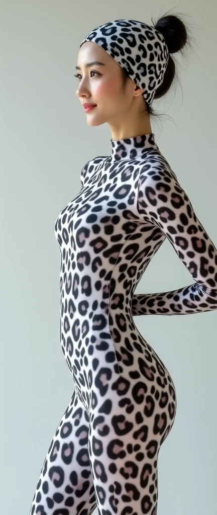 the beautiful,slender thin and prettiest Malaysian muslimah adult girl with beautiful cheeks wears white colour leopard print lycra turtleneck unitard catsuit covered with black seamless spots and always wear white leopard colour print lycra elastane stretchy dance wear hijab covered with white leopard seamless spots.She always put animal whsikers makeup that are made of marker pen.