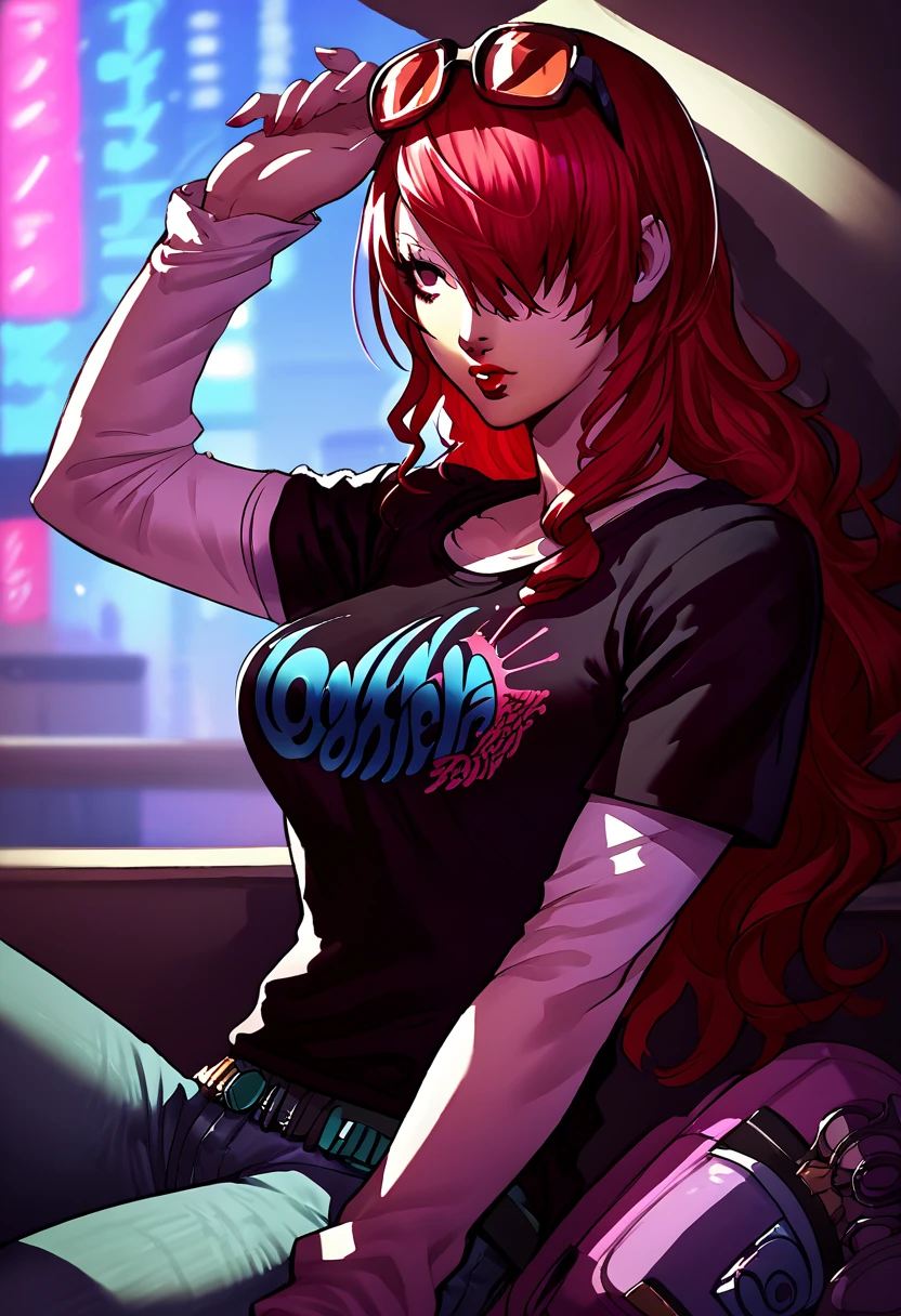 1 girl, sunglasses on head, lipstick, black t-shirt, clothes writing, layered sleeves, large breasts, jeans, Mitsuru Kirijo, red hair, red eyes, hair over one eye, city background