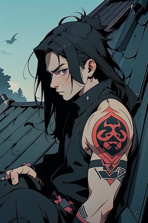 A boy sitting on the roof of a house, wearing ninja/shinobi clothes with a clan symbol as a logo, with very long black hair, reaches near his shoulders but not too much, his eyes are full white, he has a yakuza tattoo on his torso on the right side, he has another one that stands out on his entire arm of a dragon