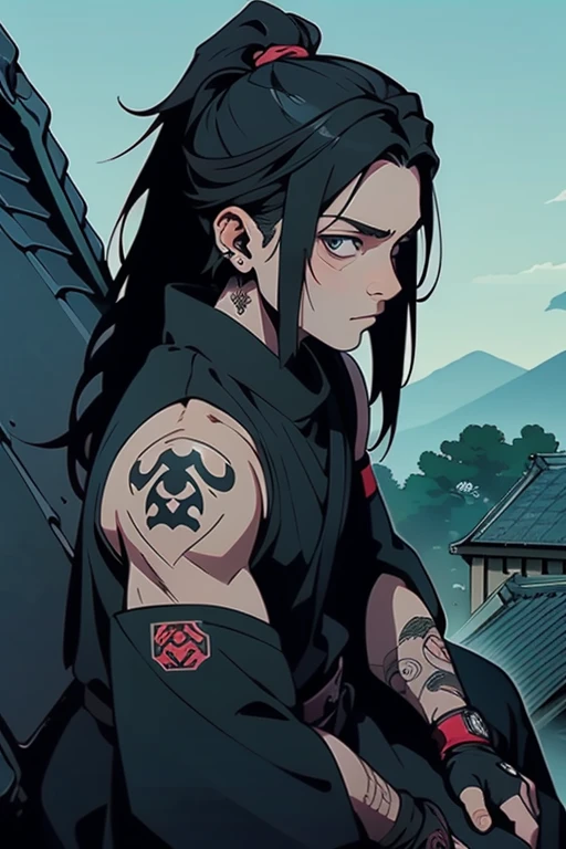 A boy sitting on the roof of a house, wearing ninja/shinobi clothes with a clan symbol as a logo, with very long black hair, reaches near his shoulders but not too much, his eyes are full white, he has a yakuza tattoo on his torso on the right side, he has another one that stands out on his entire arm of a dragon