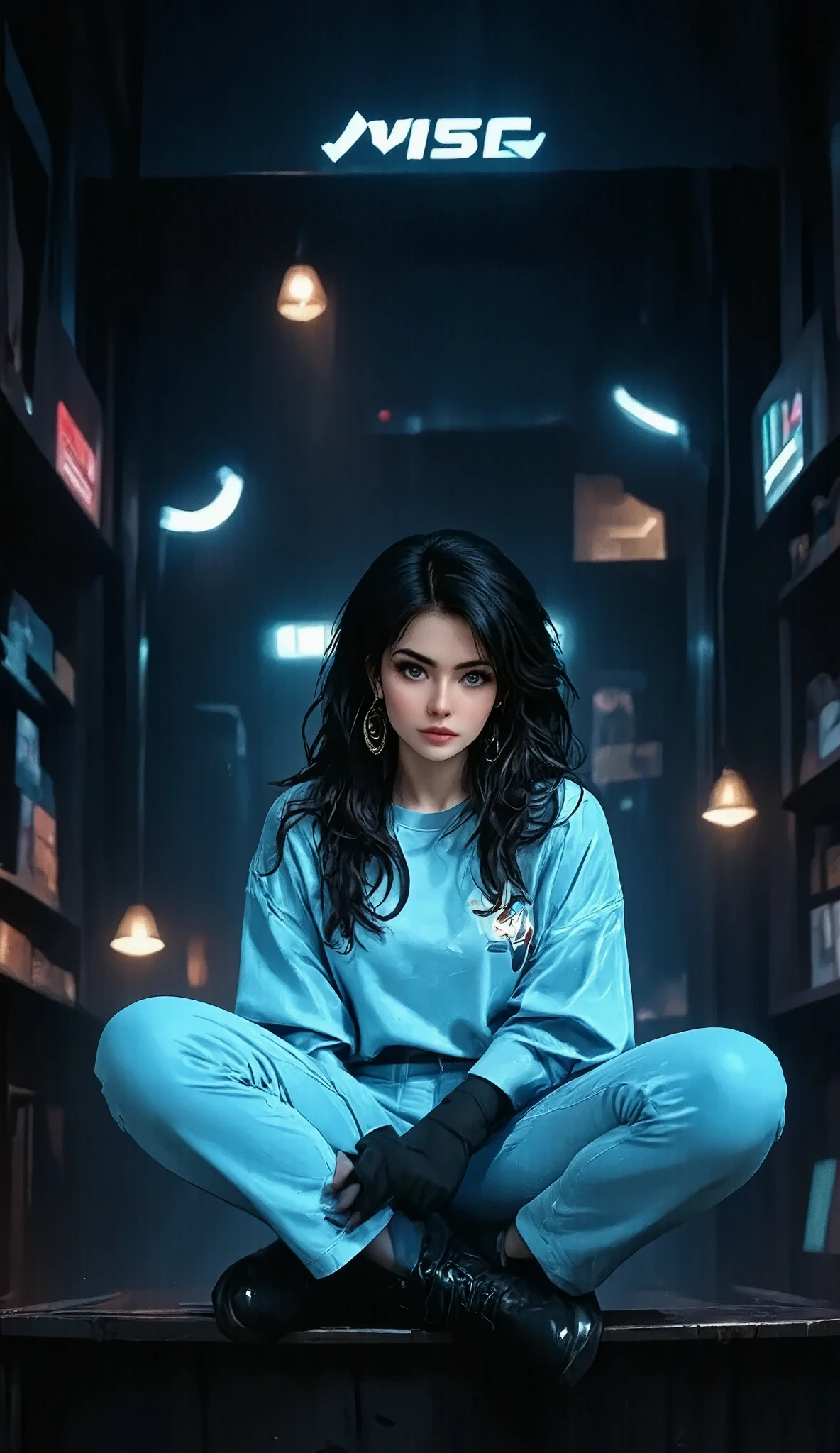  completely black background , a panda bear in anime style.,  Dressed in light blue and cyan hip hop clothing .,  sitting on the floor with her legs crossed , with cross-shaped eyes, Cyan neon lights , abstract image