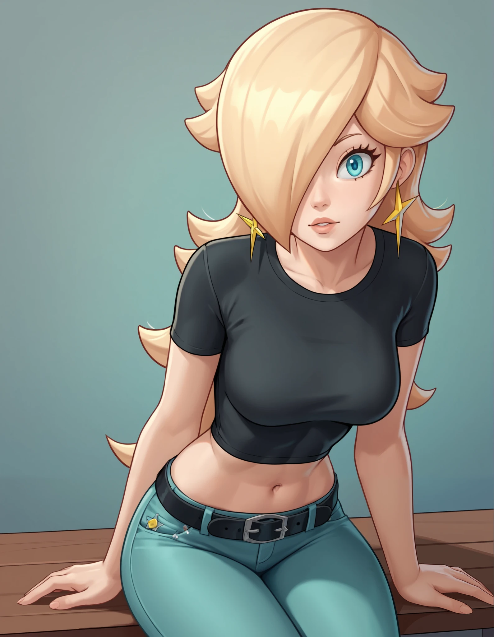 score_9, score_8_up, score_7_up, source_anime, rosalina, blonde hair, blue eyes, hair over one eye, long hair, star earrings, solo, cowboy shot, black t-shirt, taut clothes, tight shirt, midriff, navel, jeans, black belt, sitting, leaning forward, back view