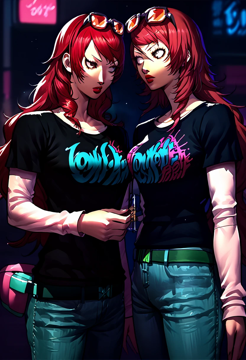 2 girls, sunglasses on head, lipstick, black t-shirt, clothes writing, layered sleeves, large breasts, jeans, Mitsuru Kirijo, Yukari Takeba