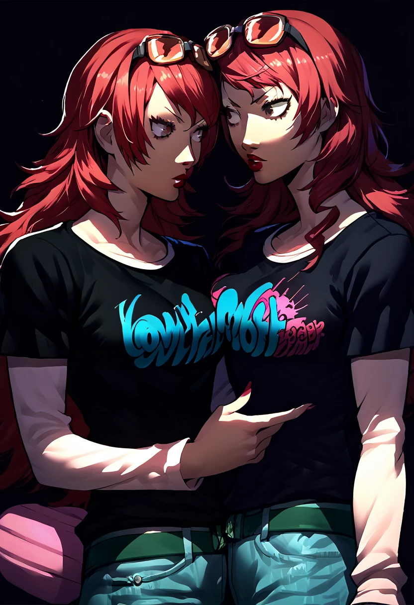 2 girls, sunglasses on head, lipstick, black t-shirt, clothes writing, layered sleeves, large breasts, jeans, Mitsuru Kirijo, Yukari Takeba