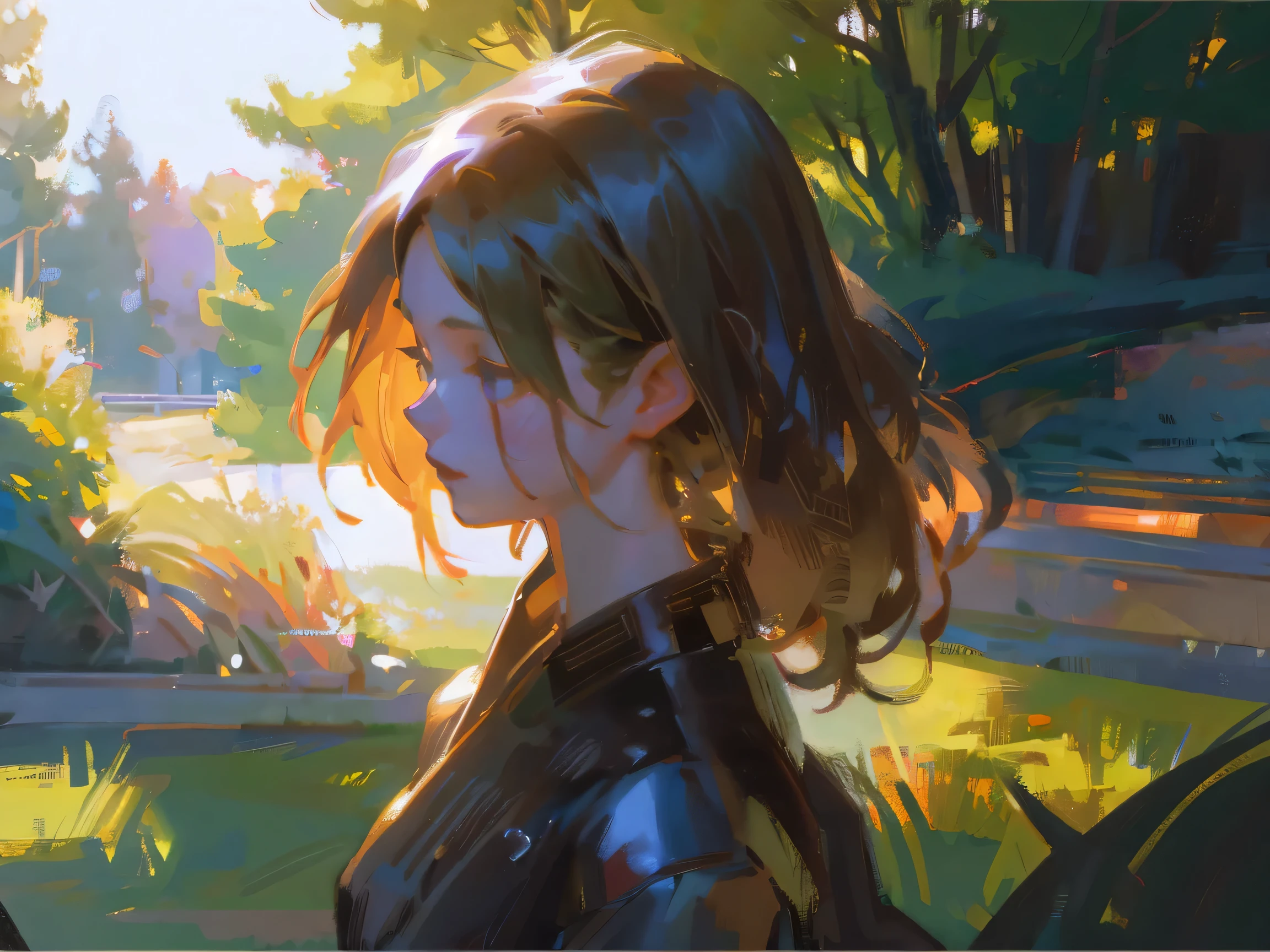 a beautiful anime girl, detailed oil painting, intricate detailed face, expressive eyes, glossy lips, long flowing hair, detailed clothing, elegant pose, lush garden background, sunlight filtering through trees, vibrant colors, dynamic brushstrokes, masterpiece, photorealistic, 8k, ultra-detailed, high quality, studio lighting, physically-based rendering