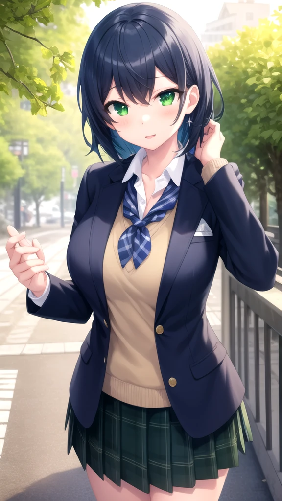 masterpiece, best quality, high quality, girl, solo, looking at viewer, touya_mochizuki, black hair, blue hair, large breasts, black neckerchief, blazer, green jacket, long sleeves, plaid skirt, green skirt, standing, cowboy shot, outdoors