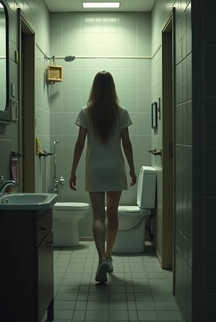 Naked girl urinating in a bathroom