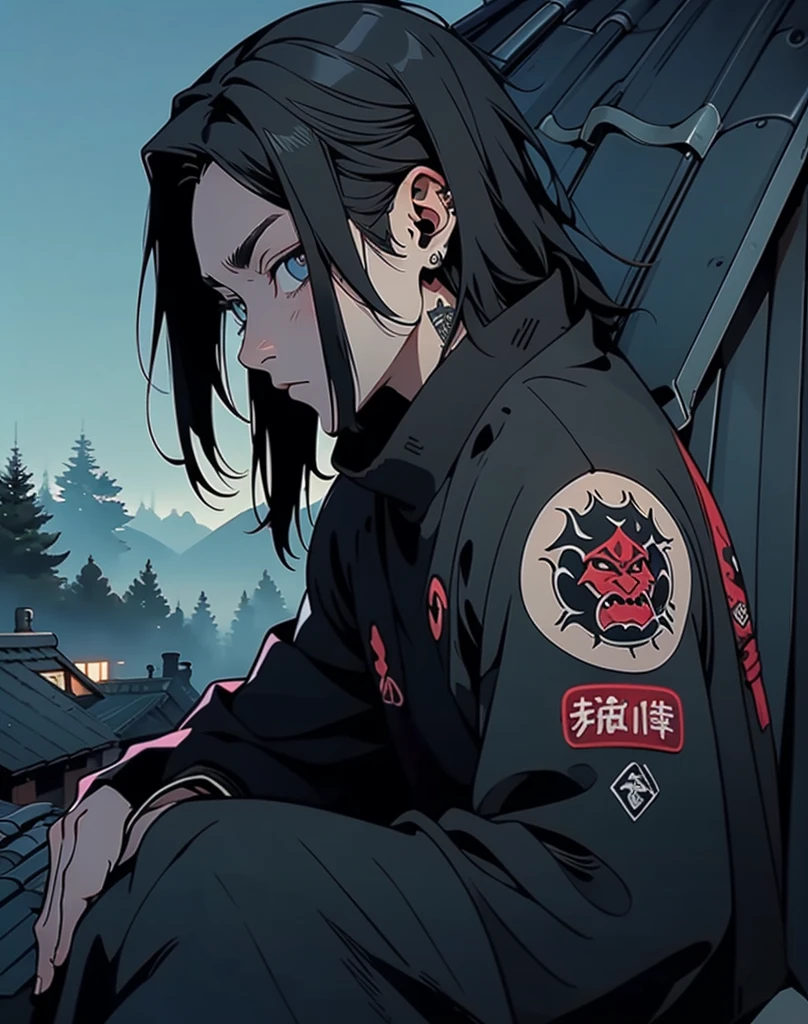 A boy sitting on the roof of a house, wearing ninja/shinobi clothes with a clan symbol as a logo, with very long black hair, reaches near his shoulders but not too much, his eyes are full white, he has a yakuza tattoo on his torso on the right side, he has another one that stands out on his entire arm of a dragon